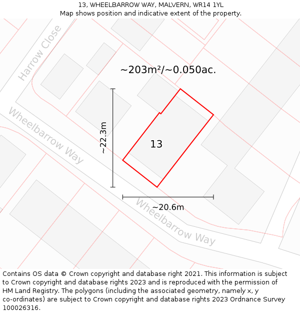 13, WHEELBARROW WAY, MALVERN, WR14 1YL: Plot and title map