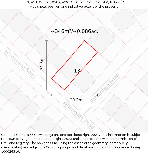 13, WHERNSIDE ROAD, WOODTHORPE, NOTTINGHAM, NG5 4LD: Plot and title map