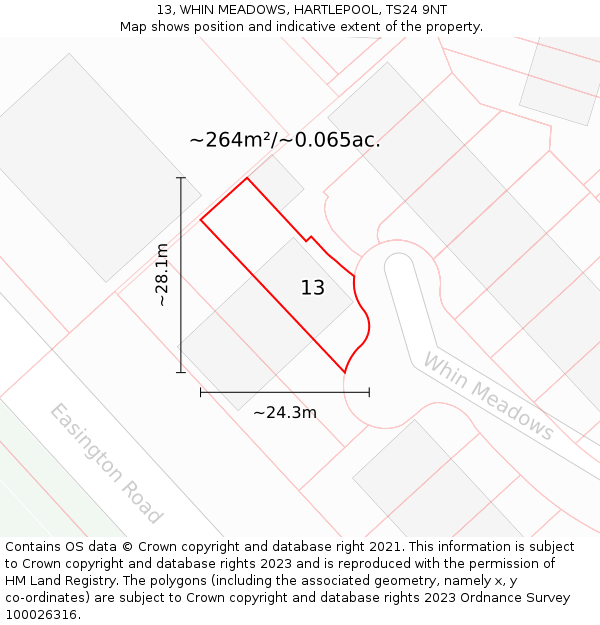 13, WHIN MEADOWS, HARTLEPOOL, TS24 9NT: Plot and title map