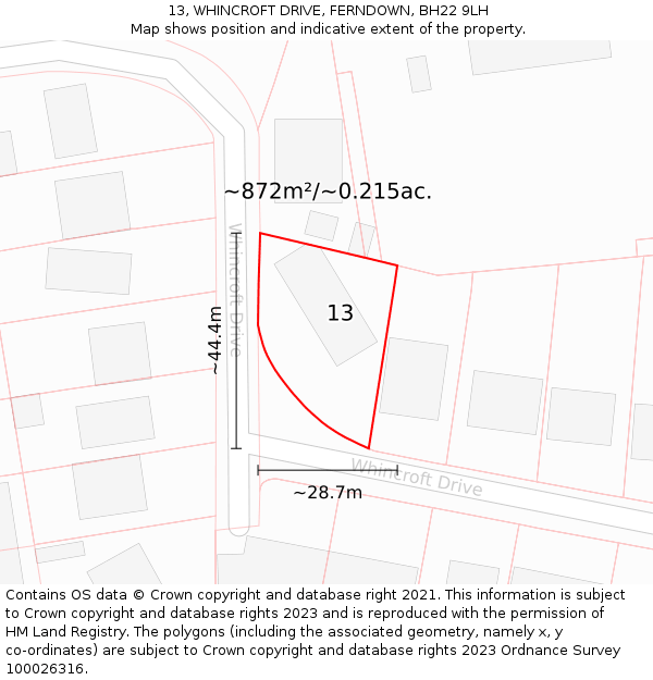 13, WHINCROFT DRIVE, FERNDOWN, BH22 9LH: Plot and title map