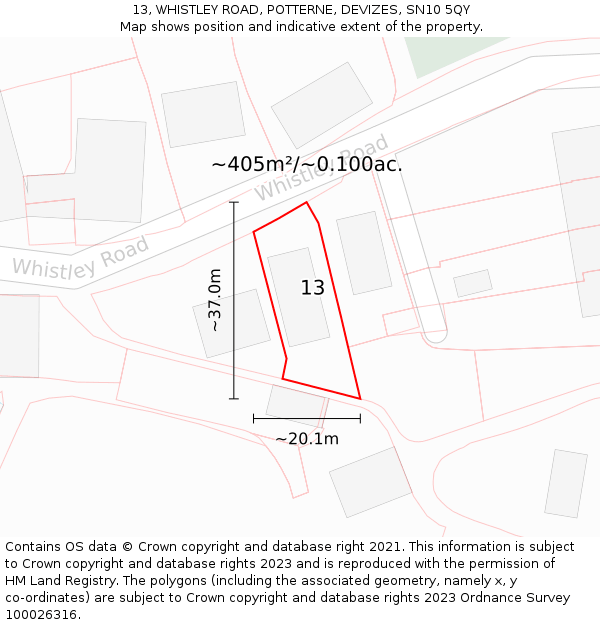 13, WHISTLEY ROAD, POTTERNE, DEVIZES, SN10 5QY: Plot and title map