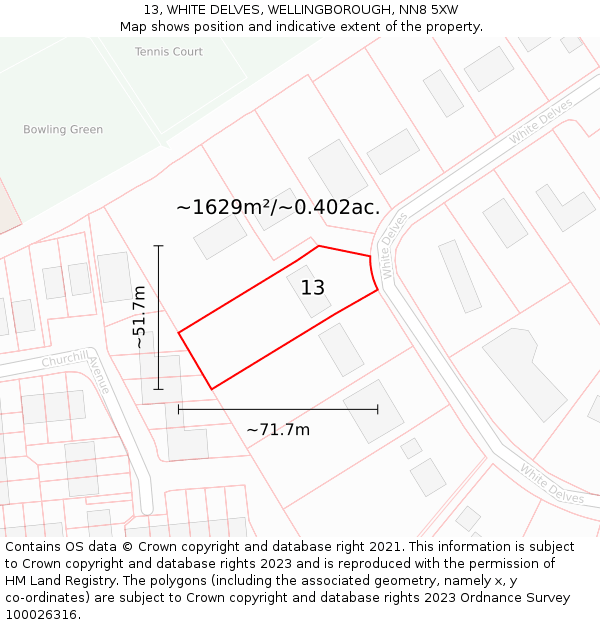 13, WHITE DELVES, WELLINGBOROUGH, NN8 5XW: Plot and title map