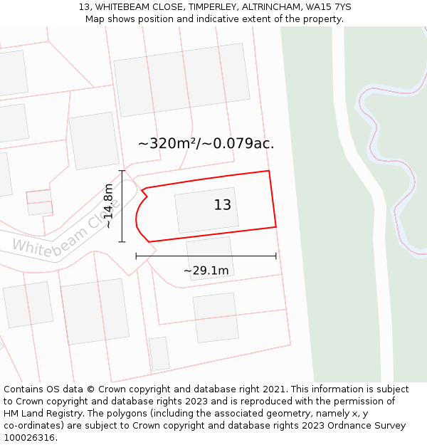 13, WHITEBEAM CLOSE, TIMPERLEY, ALTRINCHAM, WA15 7YS: Plot and title map