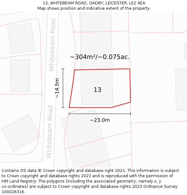 13, WHITEBEAM ROAD, OADBY, LEICESTER, LE2 4EA: Plot and title map