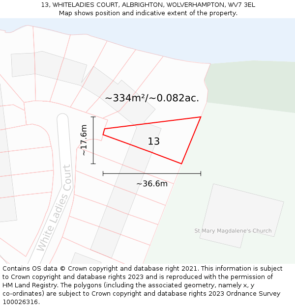 13, WHITELADIES COURT, ALBRIGHTON, WOLVERHAMPTON, WV7 3EL: Plot and title map