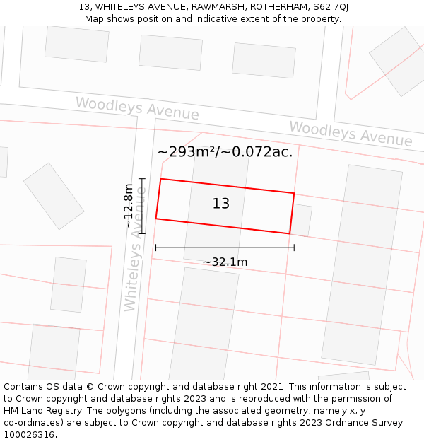 13, WHITELEYS AVENUE, RAWMARSH, ROTHERHAM, S62 7QJ: Plot and title map