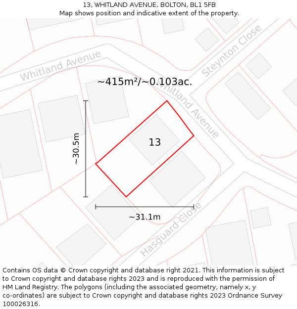 13, WHITLAND AVENUE, BOLTON, BL1 5FB: Plot and title map