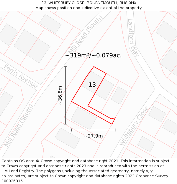 13, WHITSBURY CLOSE, BOURNEMOUTH, BH8 0NX: Plot and title map