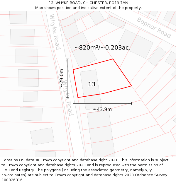 13, WHYKE ROAD, CHICHESTER, PO19 7AN: Plot and title map