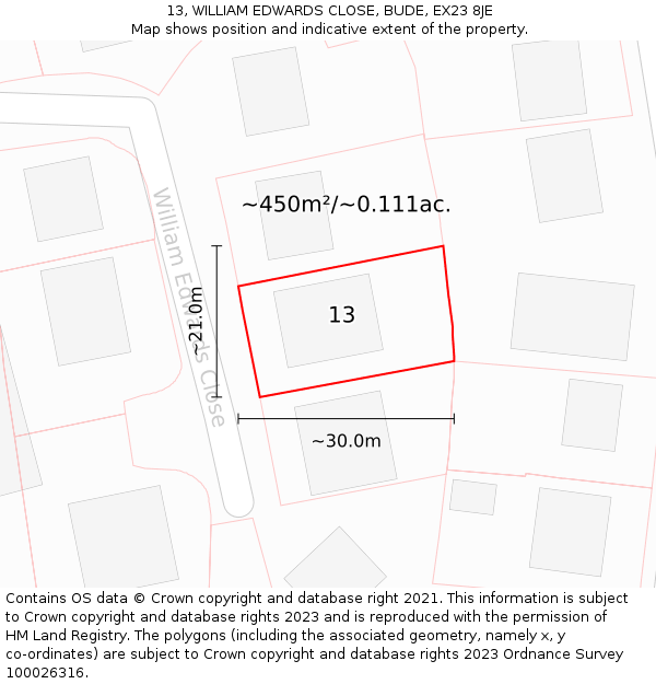 13, WILLIAM EDWARDS CLOSE, BUDE, EX23 8JE: Plot and title map