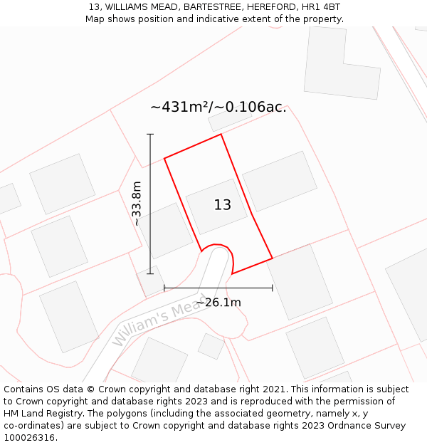 13, WILLIAMS MEAD, BARTESTREE, HEREFORD, HR1 4BT: Plot and title map