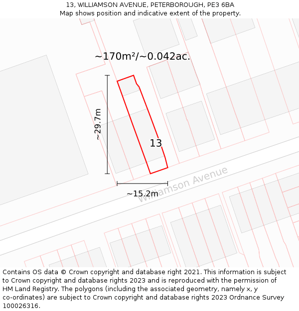 13, WILLIAMSON AVENUE, PETERBOROUGH, PE3 6BA: Plot and title map