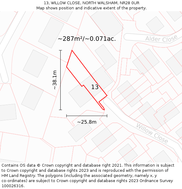 13, WILLOW CLOSE, NORTH WALSHAM, NR28 0UR: Plot and title map