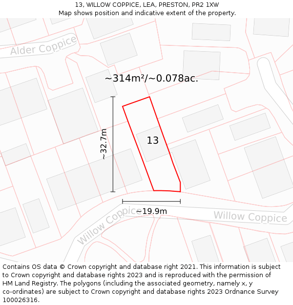 13, WILLOW COPPICE, LEA, PRESTON, PR2 1XW: Plot and title map