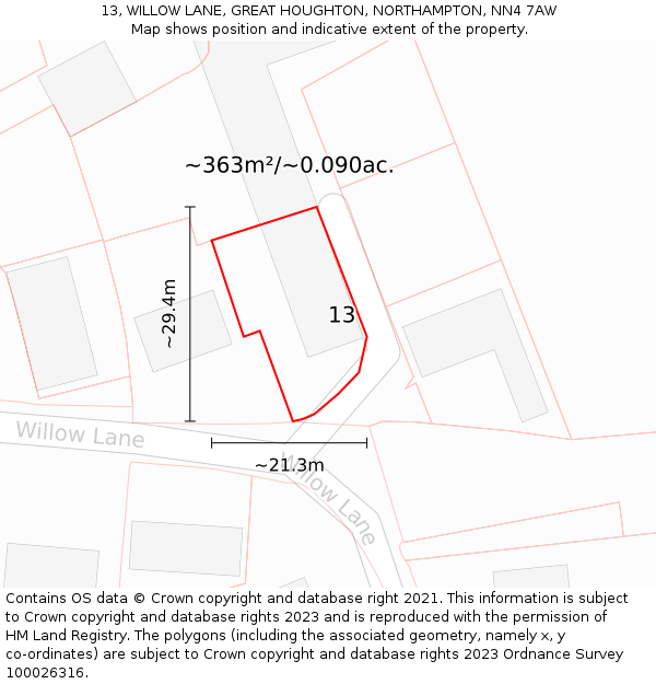 13, WILLOW LANE, GREAT HOUGHTON, NORTHAMPTON, NN4 7AW: Plot and title map