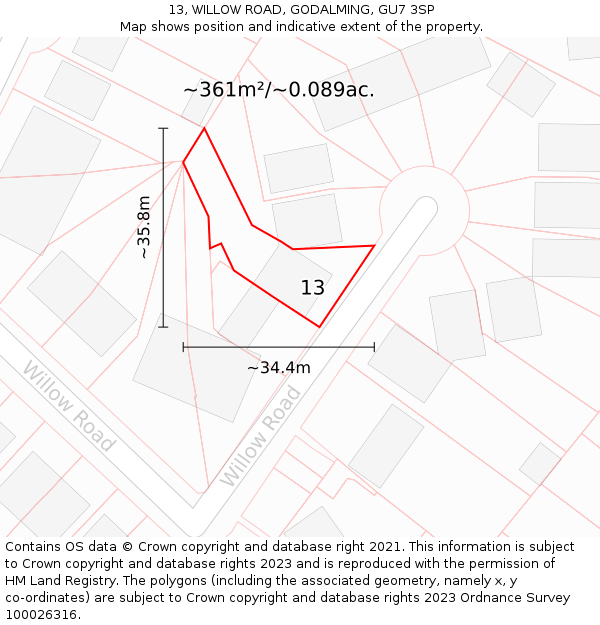 13, WILLOW ROAD, GODALMING, GU7 3SP: Plot and title map