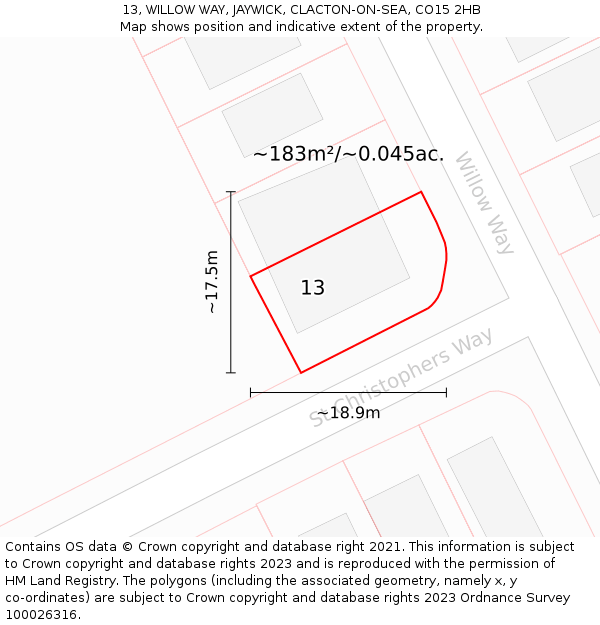 13, WILLOW WAY, JAYWICK, CLACTON-ON-SEA, CO15 2HB: Plot and title map