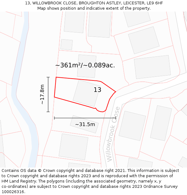 13, WILLOWBROOK CLOSE, BROUGHTON ASTLEY, LEICESTER, LE9 6HF: Plot and title map