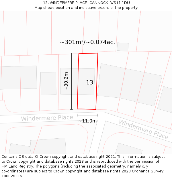 13, WINDERMERE PLACE, CANNOCK, WS11 1DU: Plot and title map