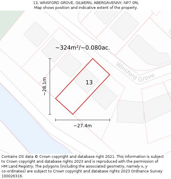 13, WINSFORD GROVE, GILWERN, ABERGAVENNY, NP7 0RL: Plot and title map