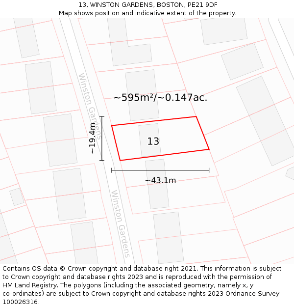 13, WINSTON GARDENS, BOSTON, PE21 9DF: Plot and title map