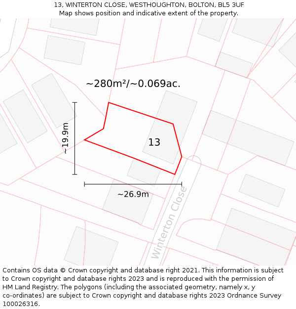 13, WINTERTON CLOSE, WESTHOUGHTON, BOLTON, BL5 3UF: Plot and title map