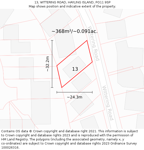 13, WITTERING ROAD, HAYLING ISLAND, PO11 9SP: Plot and title map