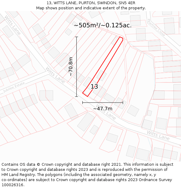 13, WITTS LANE, PURTON, SWINDON, SN5 4ER: Plot and title map