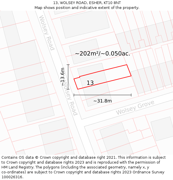 13, WOLSEY ROAD, ESHER, KT10 8NT: Plot and title map