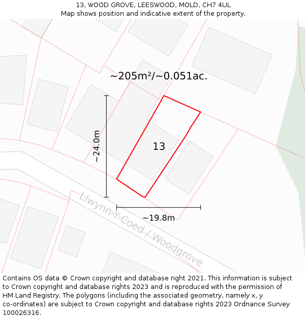 13, WOOD GROVE, LEESWOOD, MOLD, CH7 4UL: Plot and title map