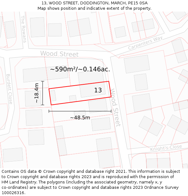 13, WOOD STREET, DODDINGTON, MARCH, PE15 0SA: Plot and title map