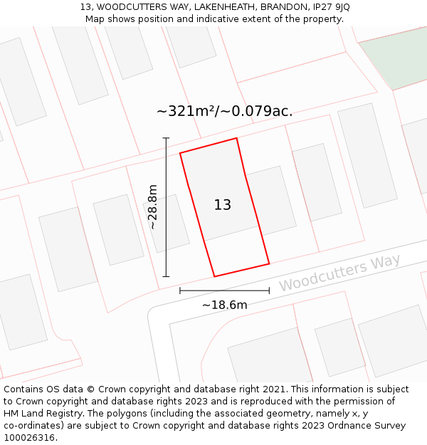 13, WOODCUTTERS WAY, LAKENHEATH, BRANDON, IP27 9JQ: Plot and title map