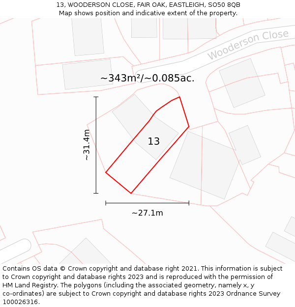 13, WOODERSON CLOSE, FAIR OAK, EASTLEIGH, SO50 8QB: Plot and title map