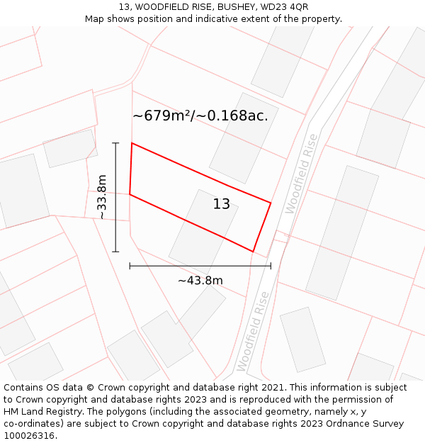 13, WOODFIELD RISE, BUSHEY, WD23 4QR: Plot and title map