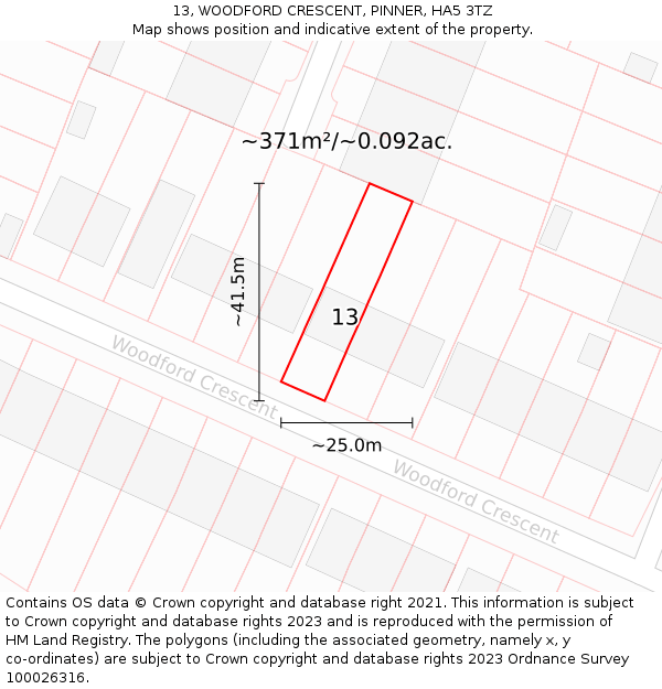 13, WOODFORD CRESCENT, PINNER, HA5 3TZ: Plot and title map