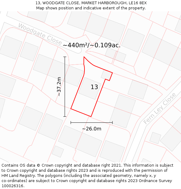 13, WOODGATE CLOSE, MARKET HARBOROUGH, LE16 8EX: Plot and title map