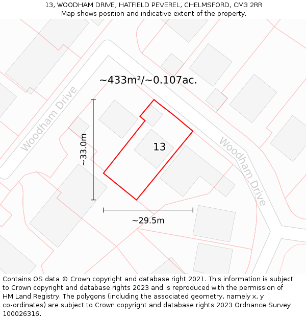 13, WOODHAM DRIVE, HATFIELD PEVEREL, CHELMSFORD, CM3 2RR: Plot and title map