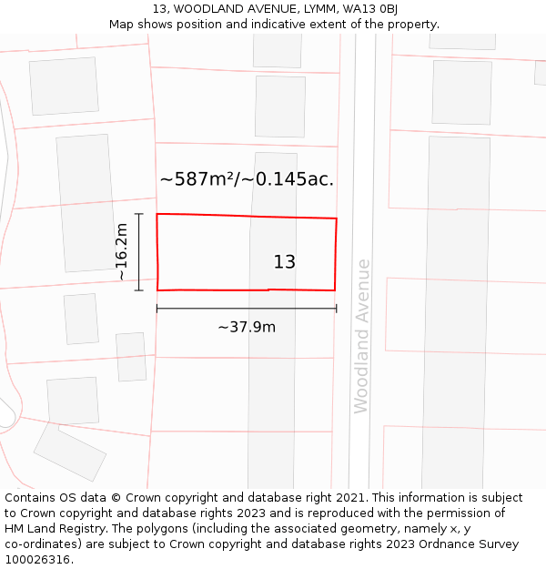 13, WOODLAND AVENUE, LYMM, WA13 0BJ: Plot and title map