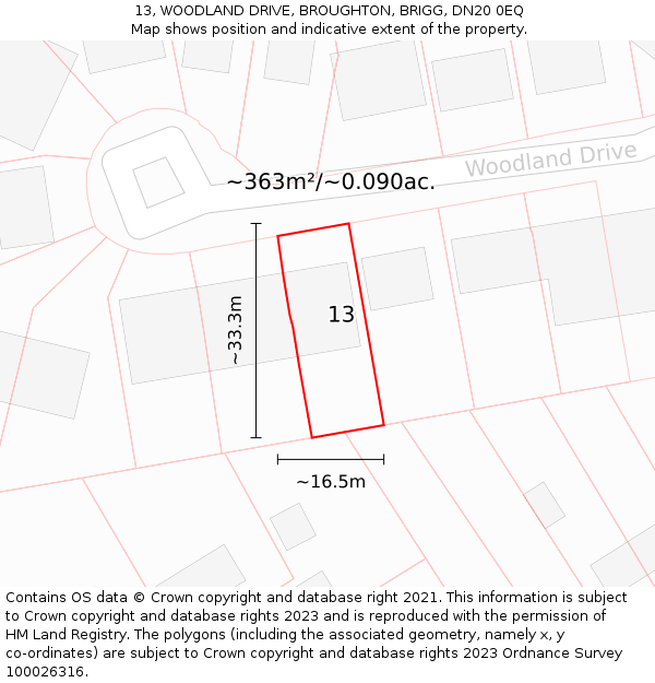 13, WOODLAND DRIVE, BROUGHTON, BRIGG, DN20 0EQ: Plot and title map