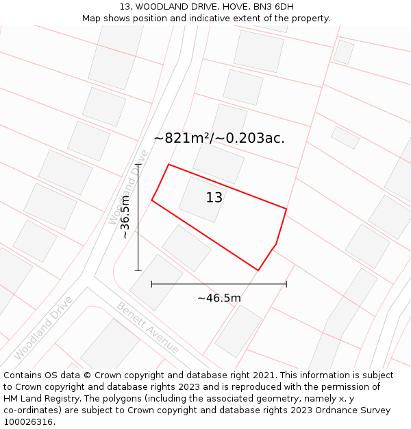 13, WOODLAND DRIVE, HOVE, BN3 6DH: Plot and title map