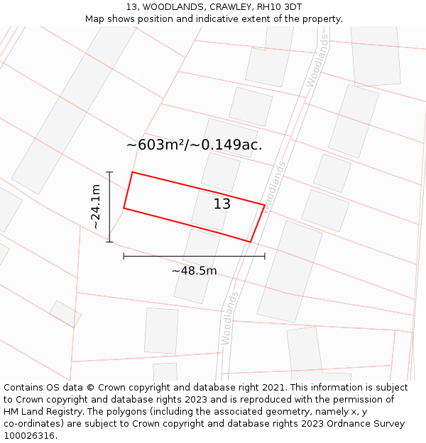 13, WOODLANDS, CRAWLEY, RH10 3DT: Plot and title map