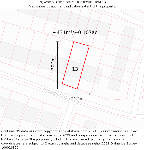 13, WOODLANDS DRIVE, THETFORD, IP24 1JP: Plot and title map