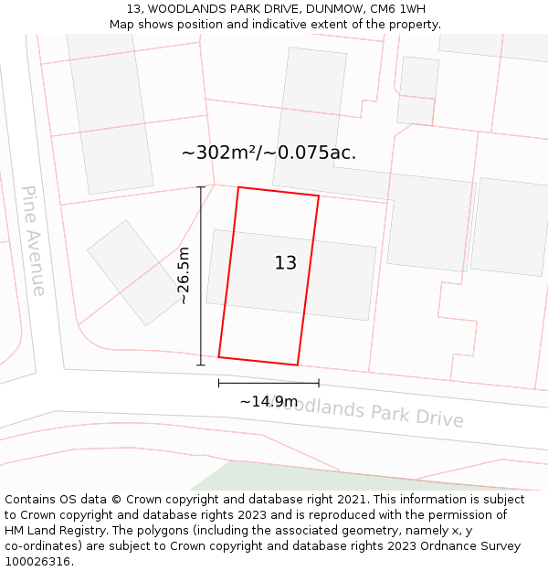 13, WOODLANDS PARK DRIVE, DUNMOW, CM6 1WH: Plot and title map