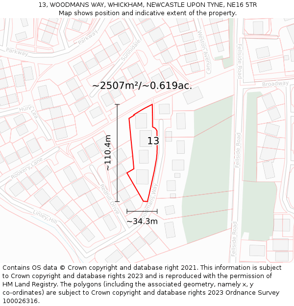 13, WOODMANS WAY, WHICKHAM, NEWCASTLE UPON TYNE, NE16 5TR: Plot and title map