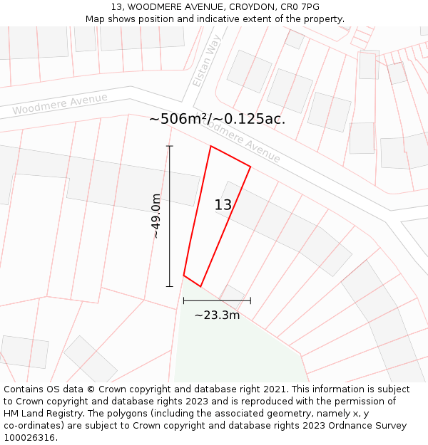 13, WOODMERE AVENUE, CROYDON, CR0 7PG: Plot and title map