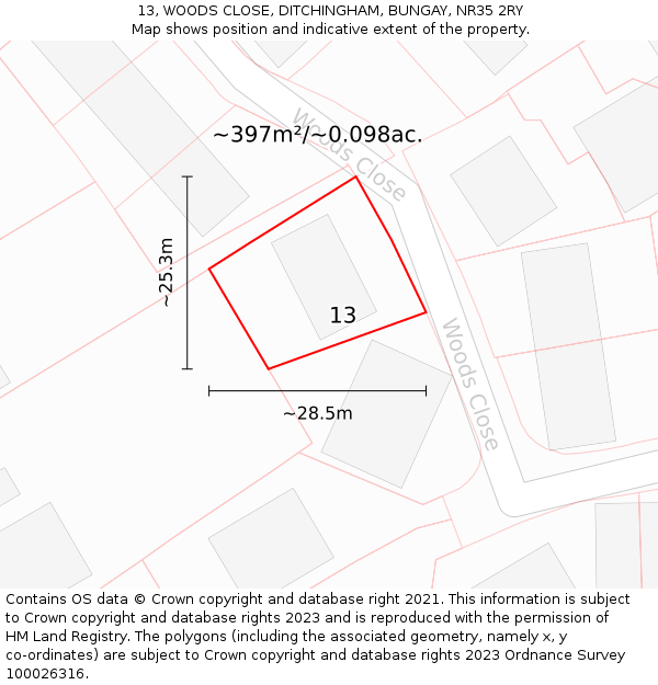 13, WOODS CLOSE, DITCHINGHAM, BUNGAY, NR35 2RY: Plot and title map