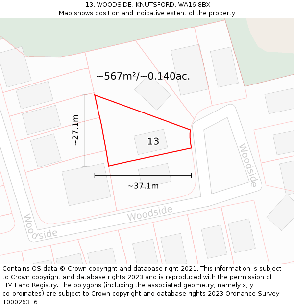 13, WOODSIDE, KNUTSFORD, WA16 8BX: Plot and title map