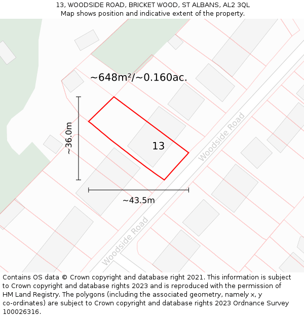 13, WOODSIDE ROAD, BRICKET WOOD, ST ALBANS, AL2 3QL: Plot and title map