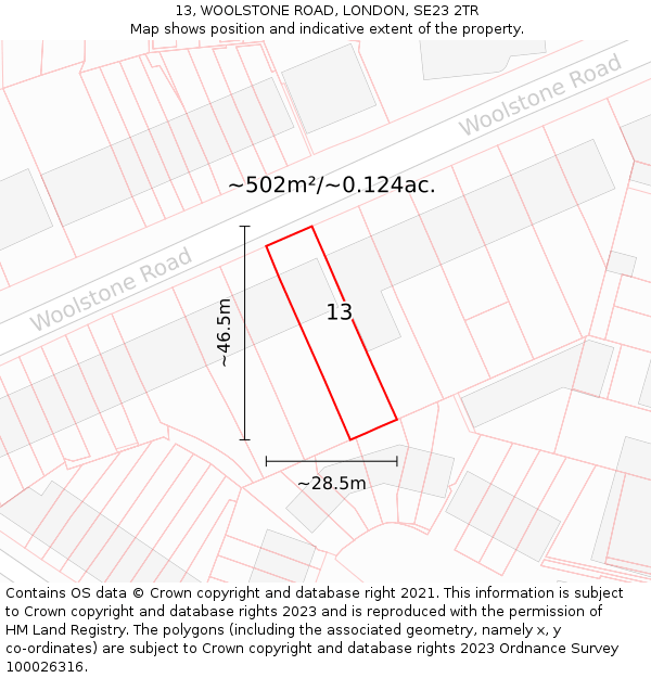 13, WOOLSTONE ROAD, LONDON, SE23 2TR: Plot and title map