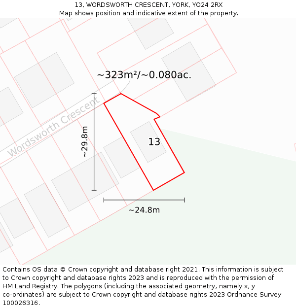 13, WORDSWORTH CRESCENT, YORK, YO24 2RX: Plot and title map